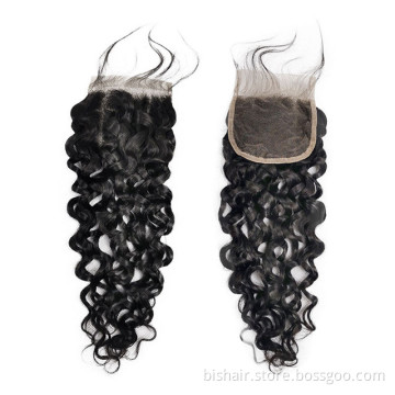 BIS Wholesale The Cheapest 4x4 Water Wave transparent lace Closure Vendor free sample Brazilian Cuticle Aligned Hair For Femal